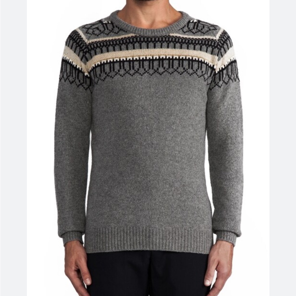 J.Lindeberg Grey Fair Isle Jacquard Lambswool Blend Crewneck Sweater Mens M
